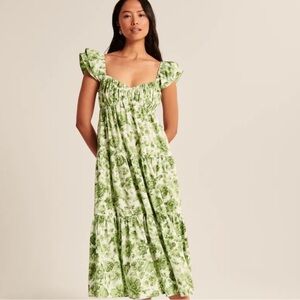 Abercrombie & Fitch XL Poplin Ruffle Sleeve Midaxi Green Floral Dress